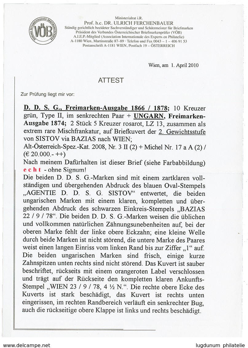 ROMANIA - BAZIAS - DDSG : 1878 HUNGARY 5kr(x2) Canc. BAZIAS + DDSG 10k Pair Canc. AGENTIE DDSG SISTOV On Envelope (some  - Sonstige & Ohne Zuordnung