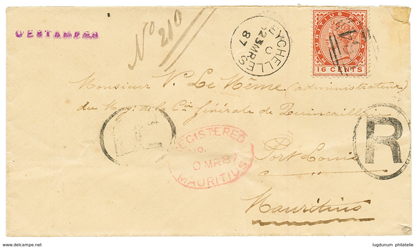 SEYCHELLES : 1887 MAURITIUS 16c Canc. B64 + SEYCHELLES On REGISTERED Envelope To MAURITIUS. REGISTERED Cover Are Of GREA - Seychelles (...-1976)