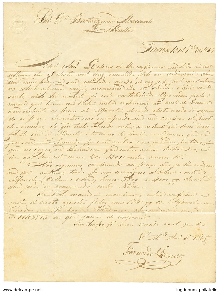 "PORTUGAL Via SPAIN To GIBRALTAR" : 1853 SPAIN 12c + AYAMONTE On Entire Letter With Text Datelined "TAUIRA (PORTUGAL)" T - Sonstige & Ohne Zuordnung