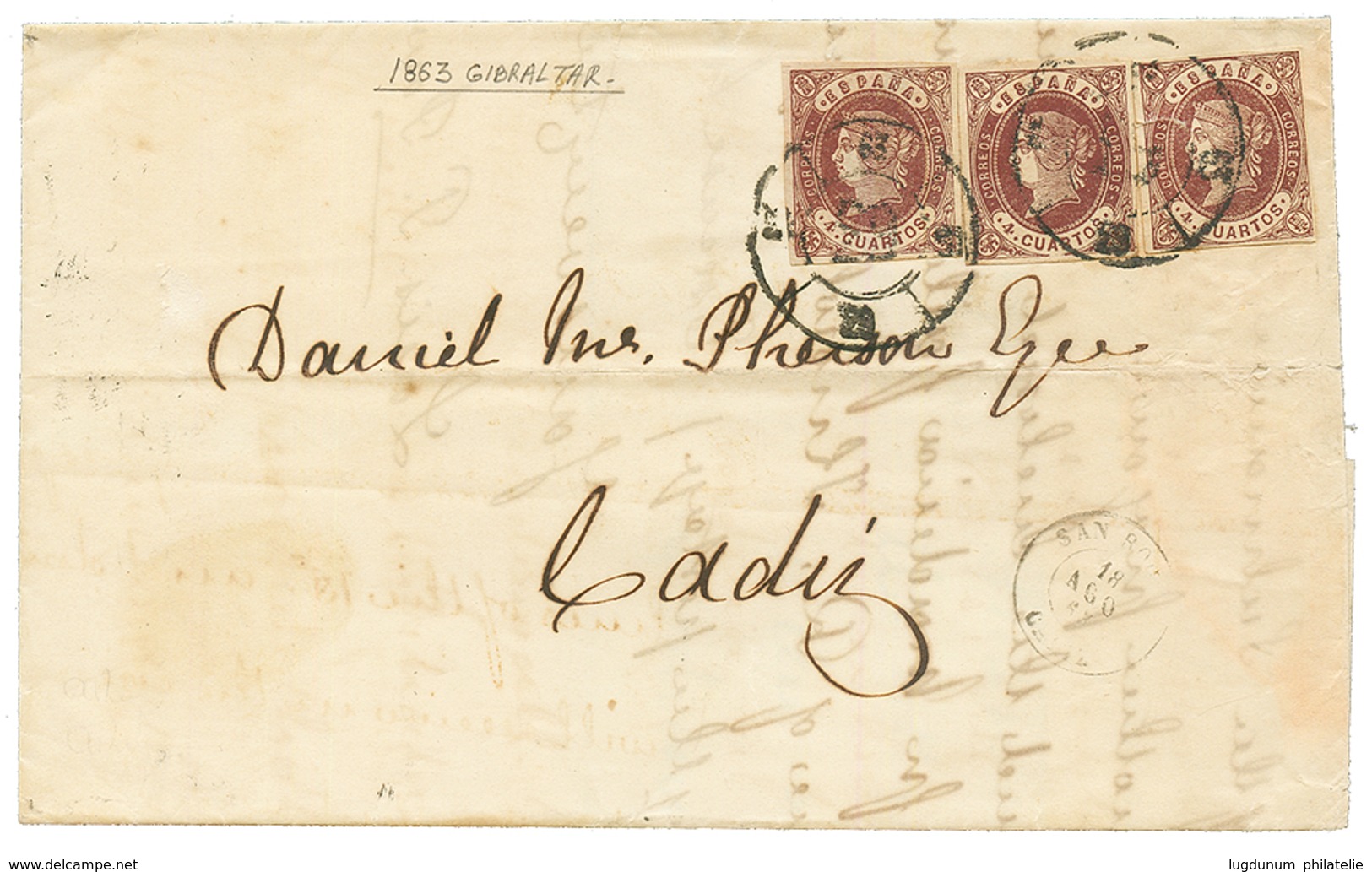 GIBRALTAR : 1863 SPAIN 4c (x3) On Entire Letter From GIBRALTAR To CADIZ. SCarce. Vvf. - Sonstige & Ohne Zuordnung