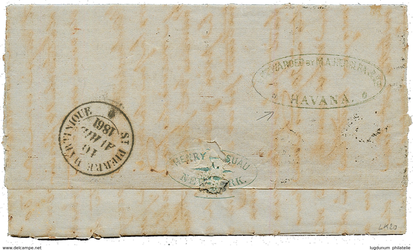 USA To GUADELOUPE Via MARTINIQUE & CUBA : 1861 1R + "4" Tax Marking + HABANA On Entire Letter (fragile) Datelined "NEW Y - Autres & Non Classés