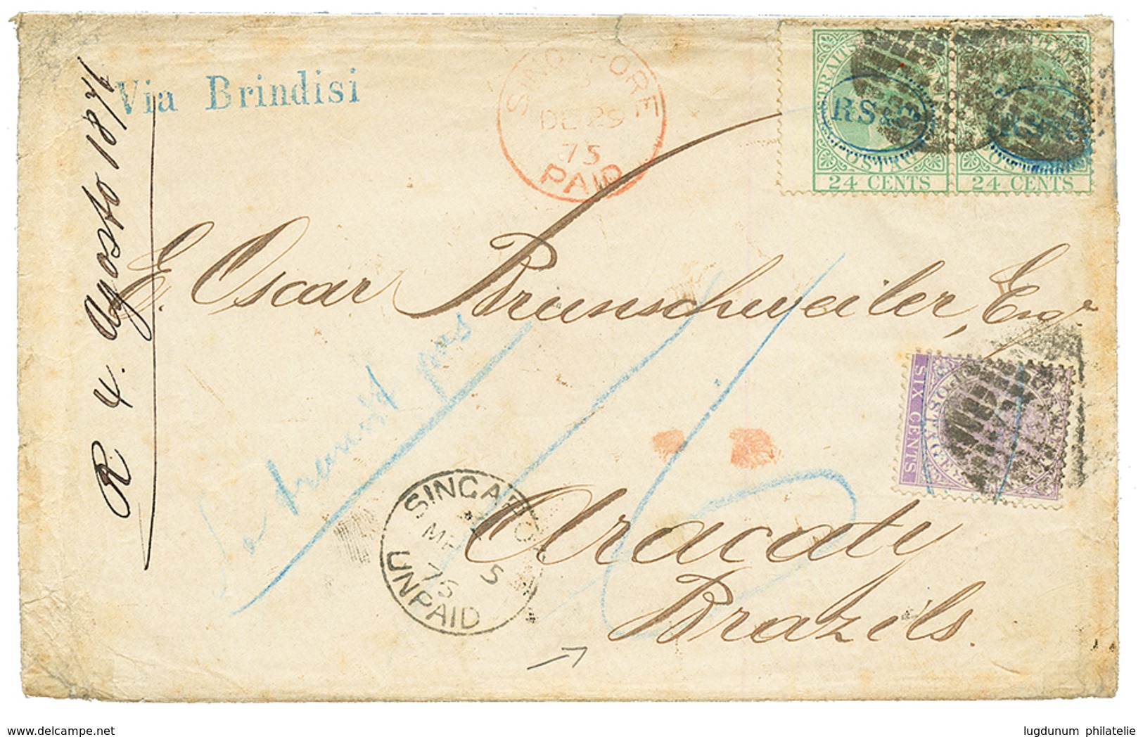 "STRAITS SETTLEMENTS To BRAZIL" : 1875 6c + 24c (x2) + SINGAPORE PAID + SINGAPORE UNPAID On Envelope Via WELTEVREDEN (NE - Singapour (...-1959)