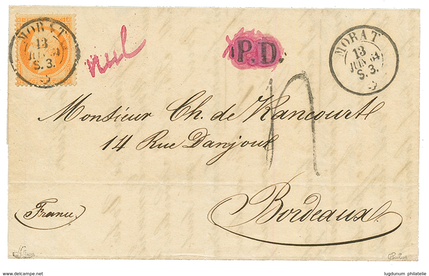 SWITZERLAND : 1864 FRANCE 40c Canc. Swiss Cachet MORAT + "4" Tax Marking On Entire Letter To BORDEAUX (FRANCE). Signed C - Sonstige & Ohne Zuordnung