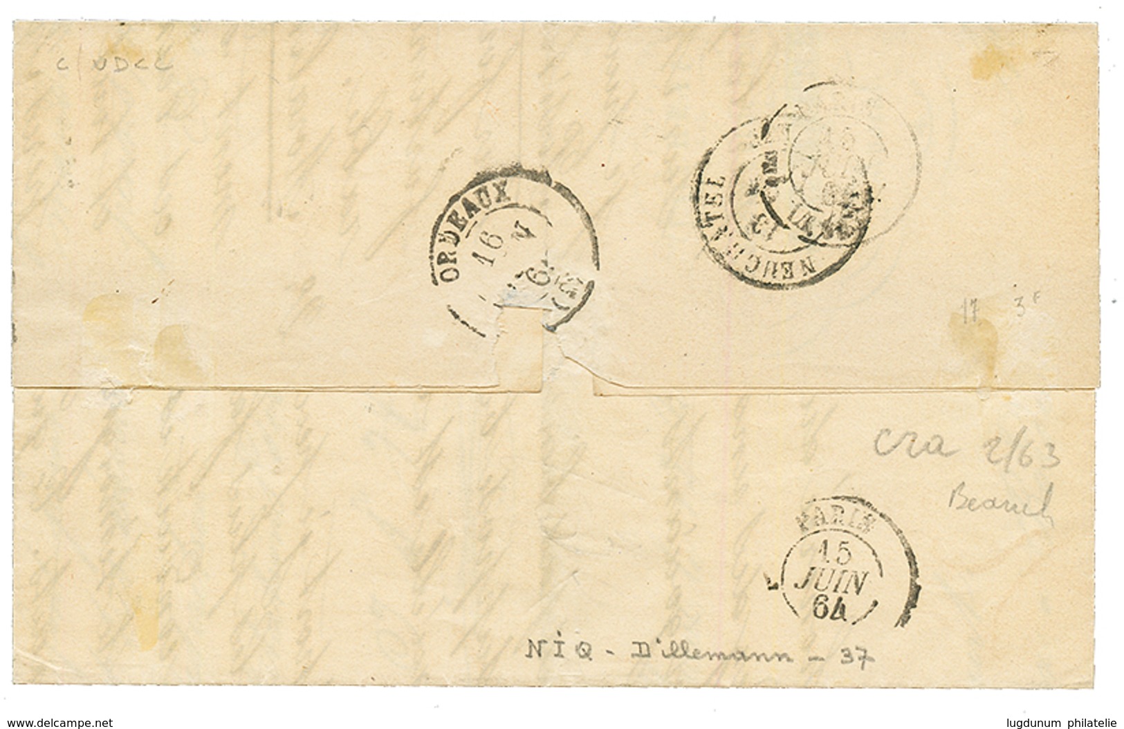 SWITZERLAND : 1864 FRANCE 40c Canc. Swiss Cachet MORAT + "4" Tax Marking On Entire Letter To BORDEAUX (FRANCE). Signed C - Sonstige & Ohne Zuordnung