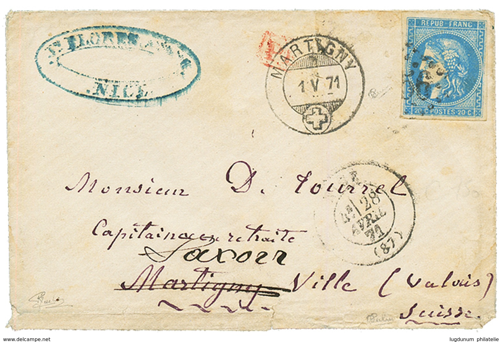 1871 FRANCE 20c BORDEAUX (n°46) Sur Enveloppe De NICE Pour MARTIGNY (SUISSE). Un Timbre à 10c Fut Perdu Pendant Le Trans - Other & Unclassified