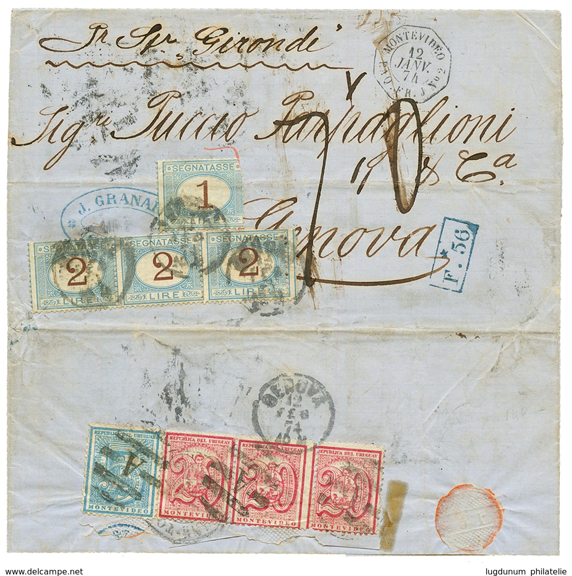 1874 URUGUAY 5c + 20c (x3) + ITALIAN POSTAGE DUE 1L + 2L (x3) On Entire Letter From MONTEVIDEO To ITALY. One Of The Larg - Uruguay