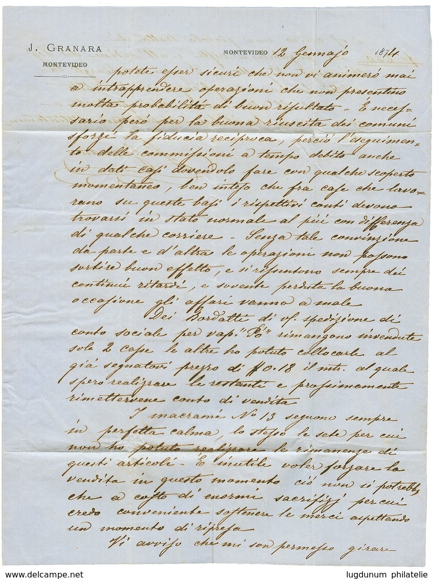 1874 URUGUAY 5c + 20c (x3) + ITALIAN POSTAGE DUE 1L + 2L (x3) On Entire Letter From MONTEVIDEO To ITALY. One Of The Larg - Uruguay