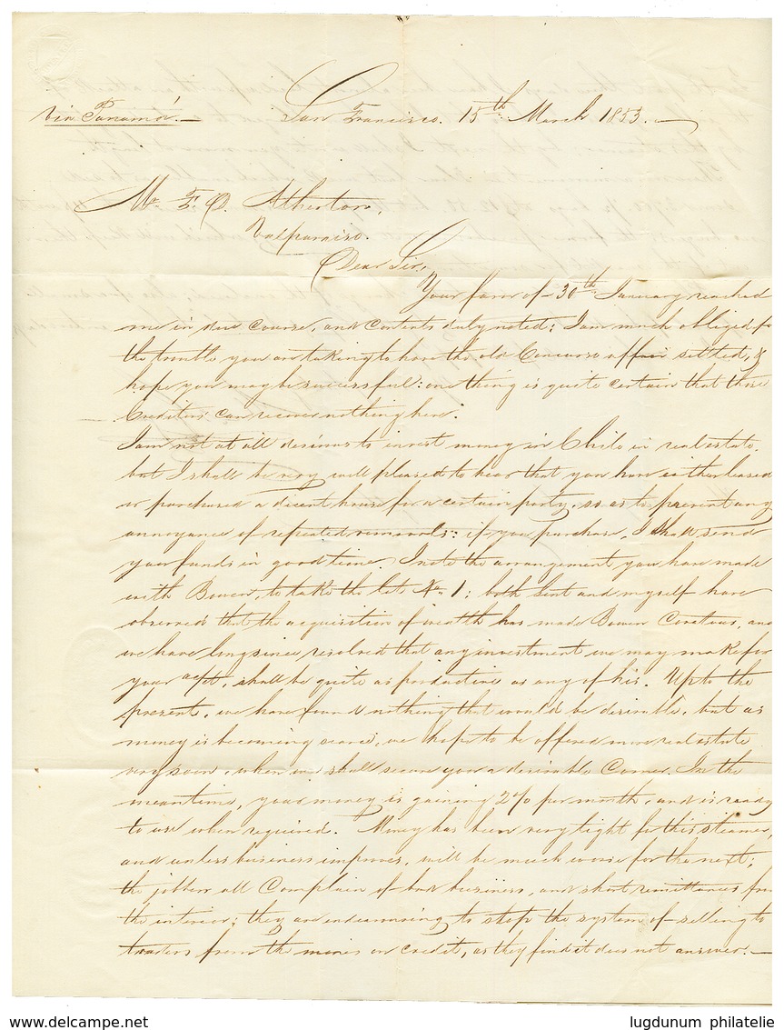 "SAN FRANCISCO Via PANAMA To CHILE" : 1853 PAID AT PANAMA On Entire Letter From "SAN FRANCISCO" To VALPARAISO. Verso, FO - Other & Unclassified