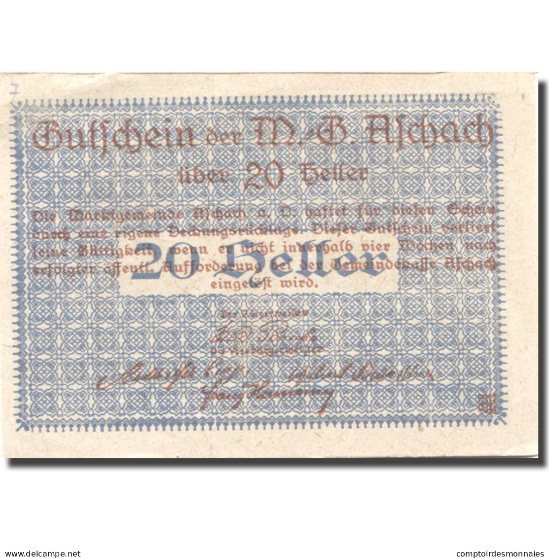 Billet, Autriche, Aschach A/d Donau, 20Heller, Blason 1 Bleu SPL Mehl:FS 53IIb01 - Austria