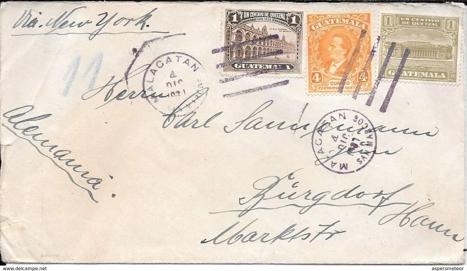 ENVELOPPE CIRCULEE 1931 MALACATAN GUATEMALA MARQUE AYUTLA A BURGDORF HANNOVER AVEC PROPAGANDE SEVERAL LANGUAGES COFFEE - Guatemala