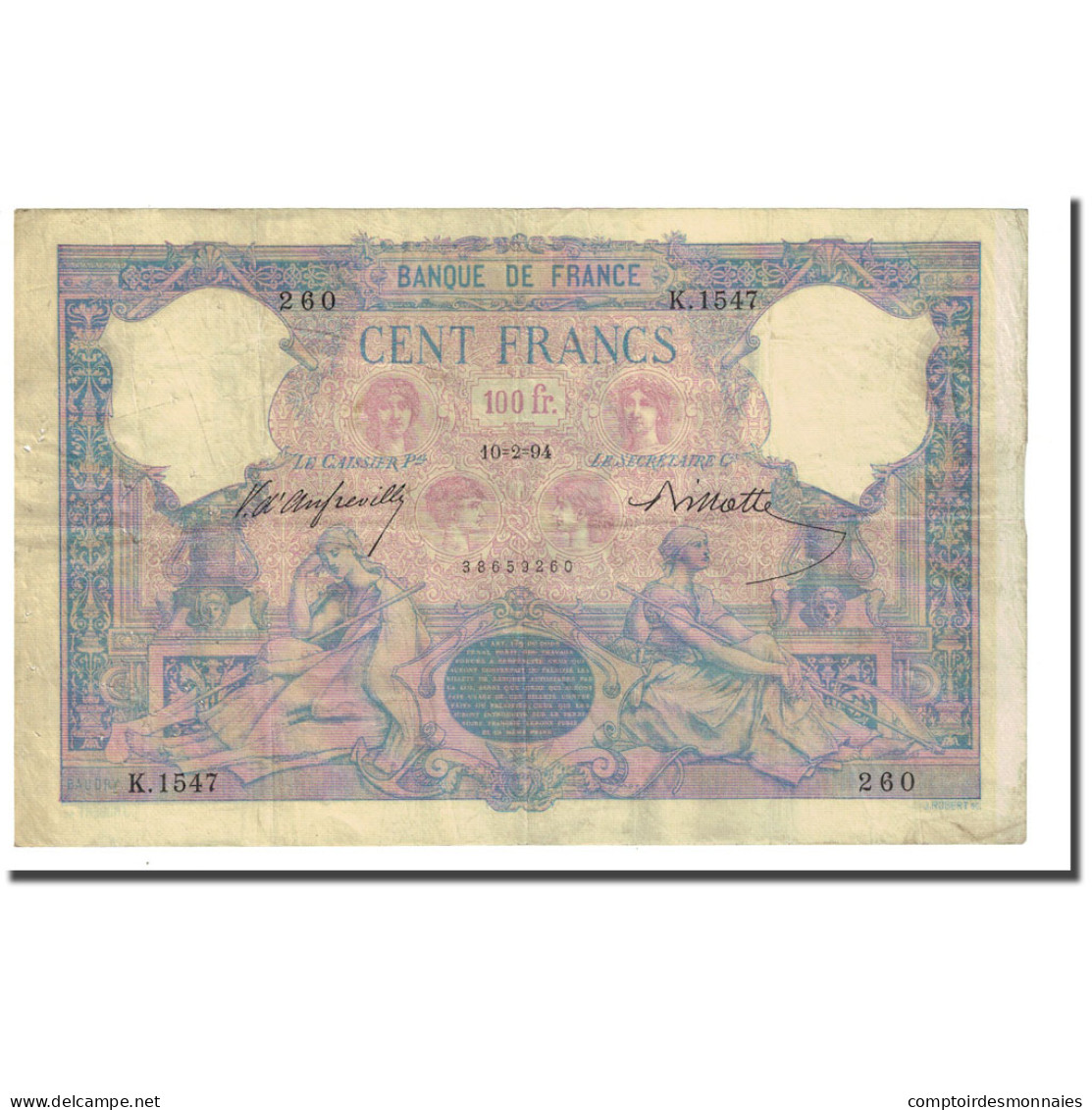 France, 100 Francs, Bleu Et Rose, 1893-04-15, TB+, Fayette:21.7, KM:65b - 100 F 1888-1909 ''Bleu Et Rose''