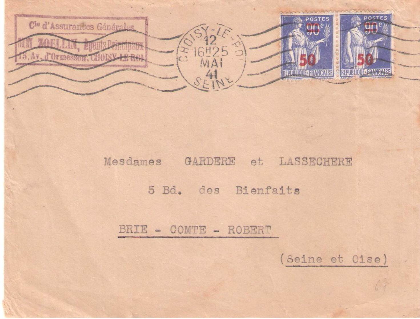 90c. Paix Surchargé 50 Sur Lettre Oblitéré CHOISY LE ROI - 1921-1960: Moderne