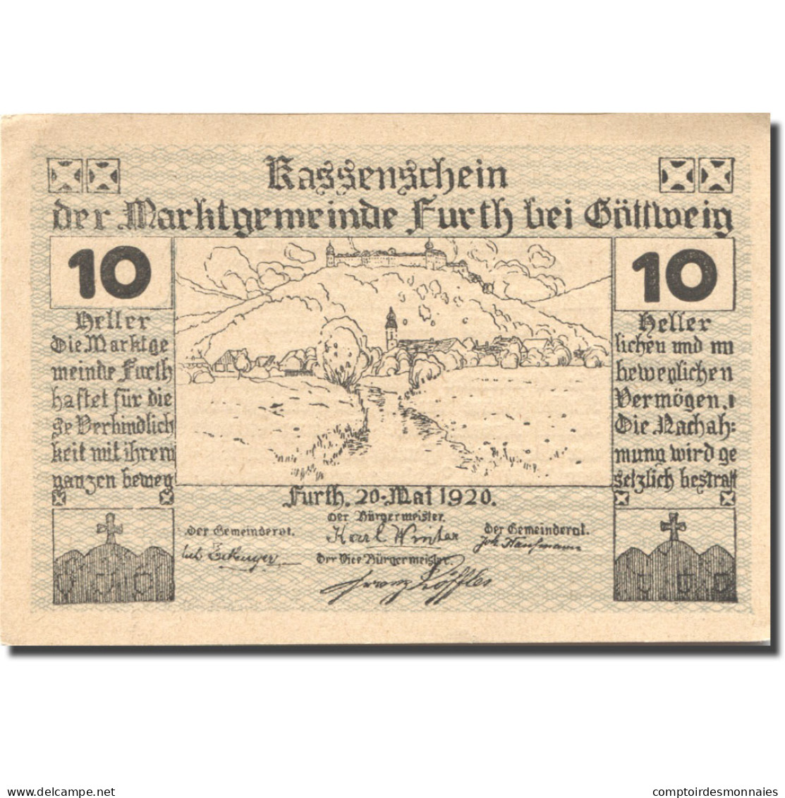 Billet, Autriche, Furth, 10 Heller, Village 1920-05-20, SPL, Mehl:FS 214aB - Austria