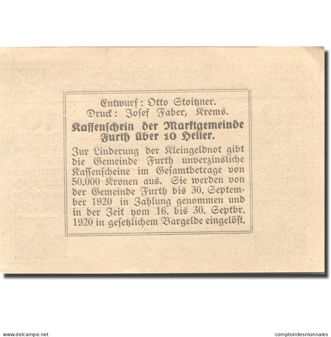 Billet, Autriche, Furth, 10 Heller, Village 1920-05-20, SPL, Mehl:FS 214aB - Austria