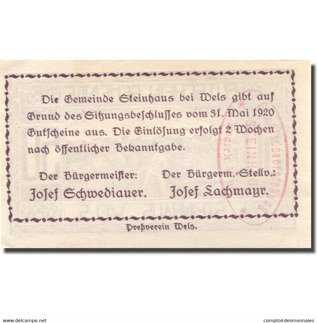 Billet, Autriche, Steinhaus, 50 Heller, Agriculteur, 1920 SPL Mehl:FS 1030Ia - Austria