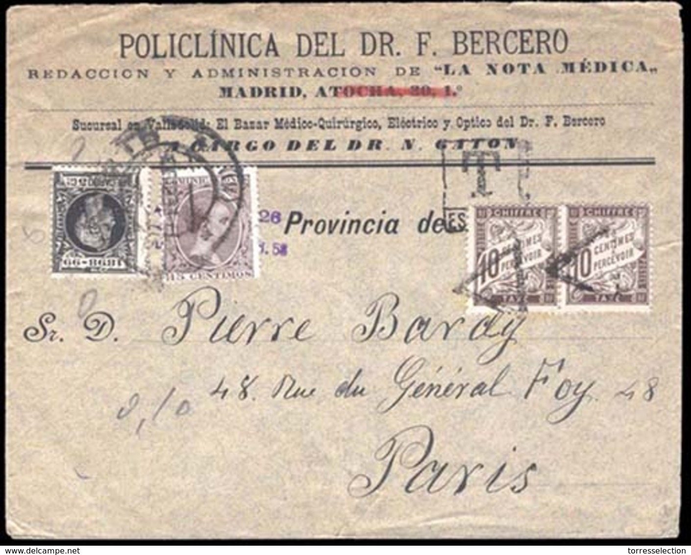 E-ALFONSO XIII. 1898 (Feb. 7). 219, 240. Madrid A Francia. Sobre Franqueado Con Sello I Guerra 5 Cts. Negro, No Aceptado - Other & Unclassified