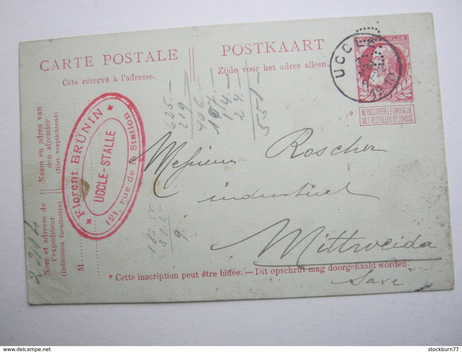 1910 ,  UCCLE   , Perfin    B.D. , Carte Postale - 1863-09