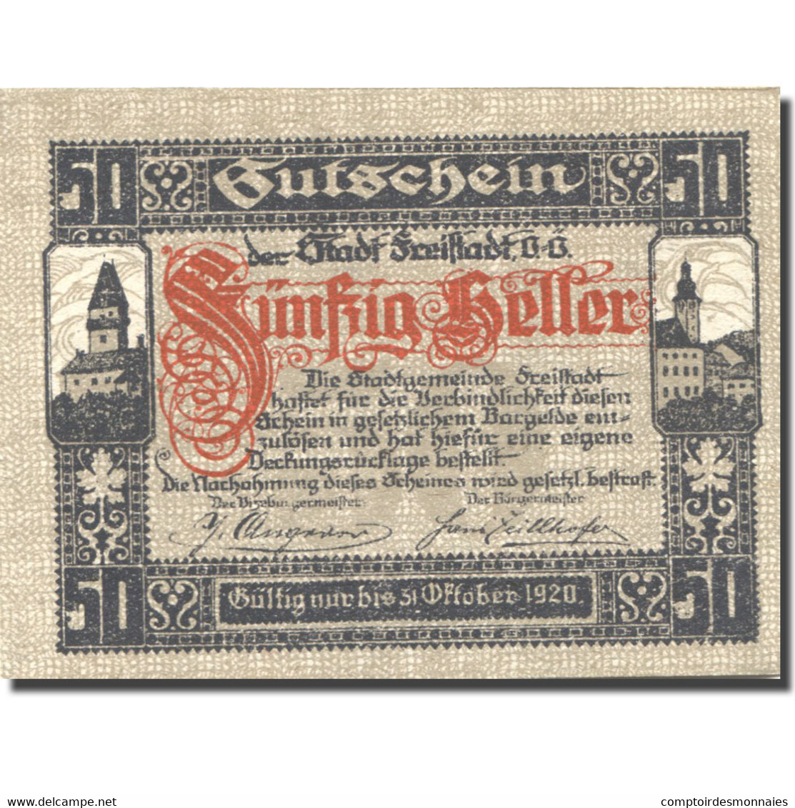 Billet, Autriche, Freistadt, 50 Heller, Château, 1920-10-31, SPL, Mehl:FS 212a - Austria