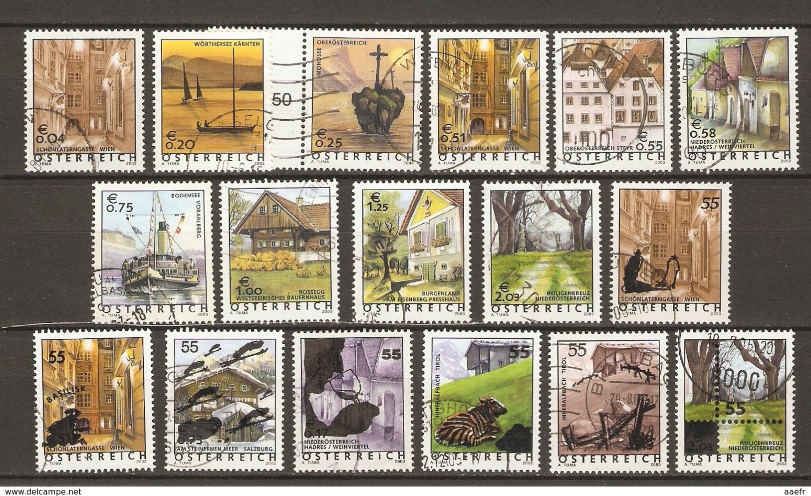 Autriche 2002/5 - Scènes Autrichiennes - Petit Lot De 17 Timbres° Dont 7 Surchargés - Vin - Vache - Bateau - Vienne - Lots & Kiloware (max. 999 Stück)