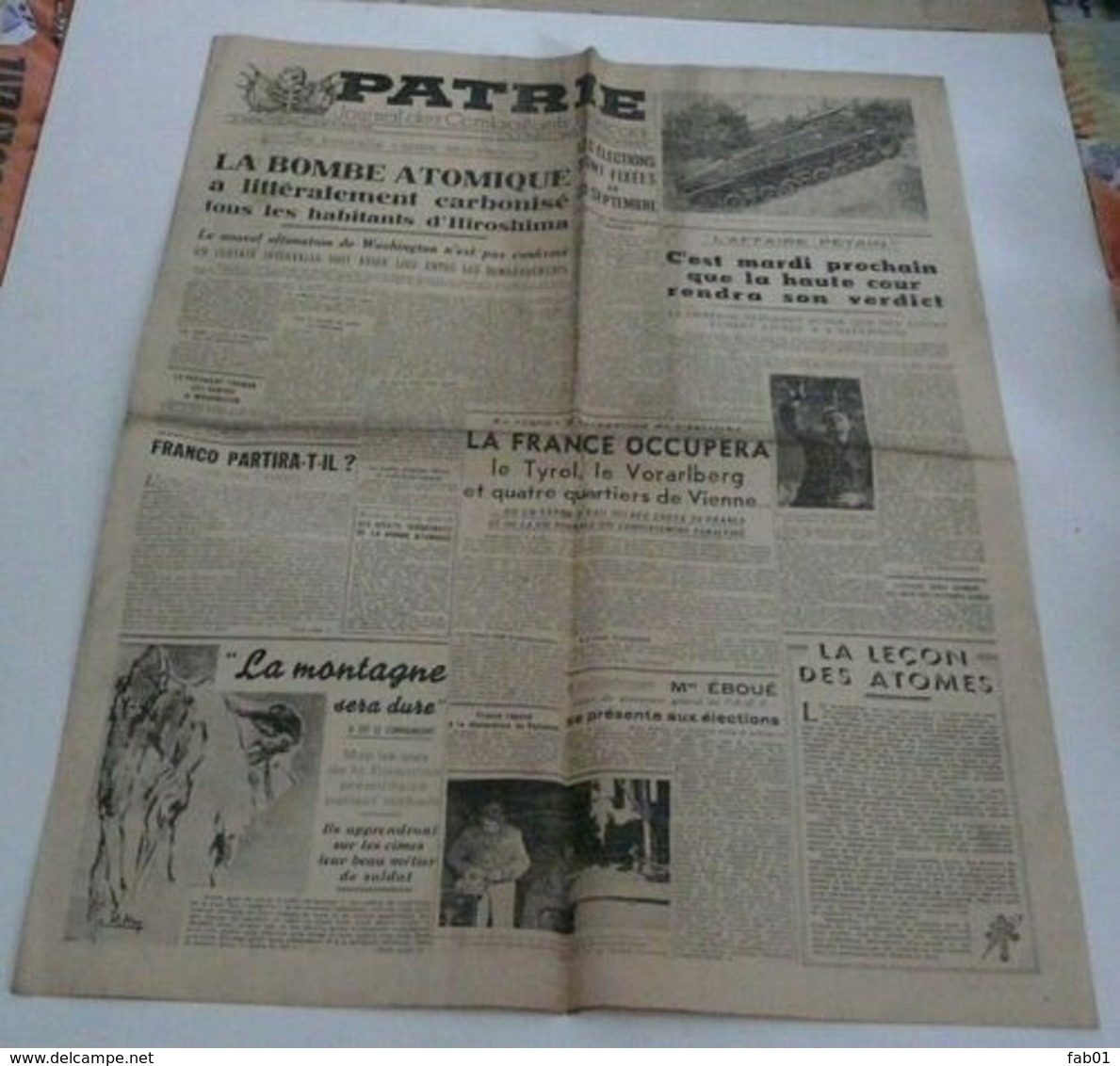 Journal Patrie Du 9 Août 1945(bombe Atomique-Nos Soldats à La Montagne). - Francese