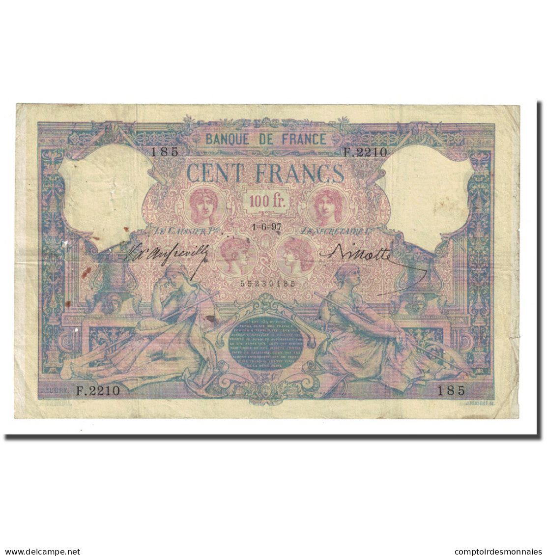 France, 100 Francs, Bleu Et Rose, 1897-06-01, TB, Fayette:21.10, KM:65b - 100 F 1888-1909 ''Bleu Et Rose''