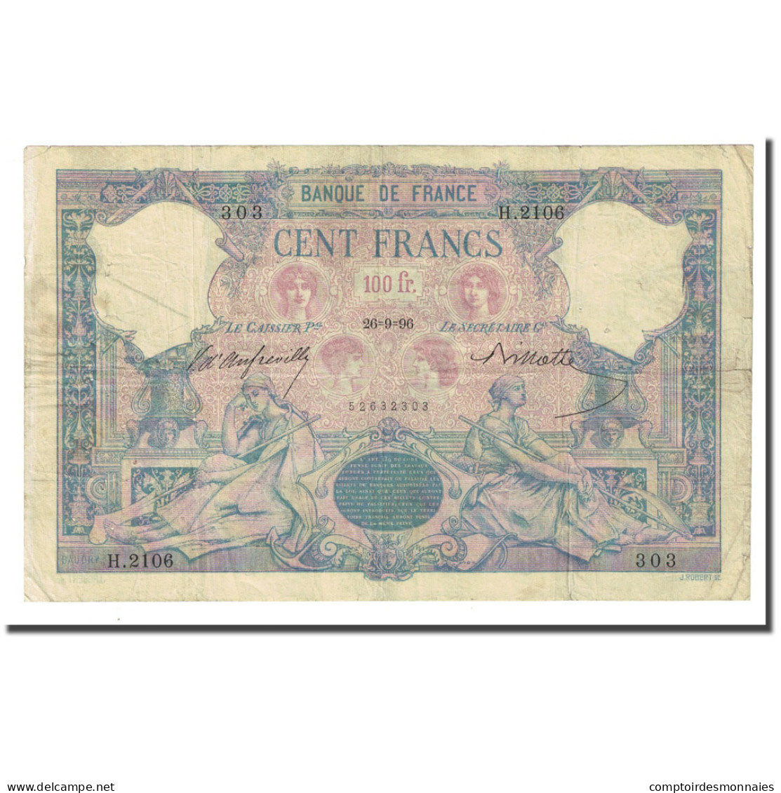 France, 100 Francs, Bleu Et Rose, 1896-09-26, TB+, Fayette:21.9, KM:65b - 100 F 1888-1909 ''Bleu Et Rose''