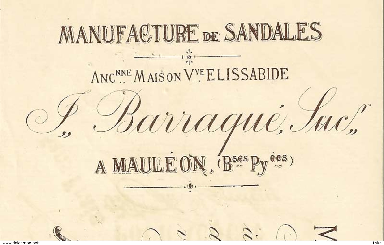 BARRAQUE (Vve Elissabide)  Manufacture De Sandales   MAULEON  Basses Pyrénées  1900 - Cambiali