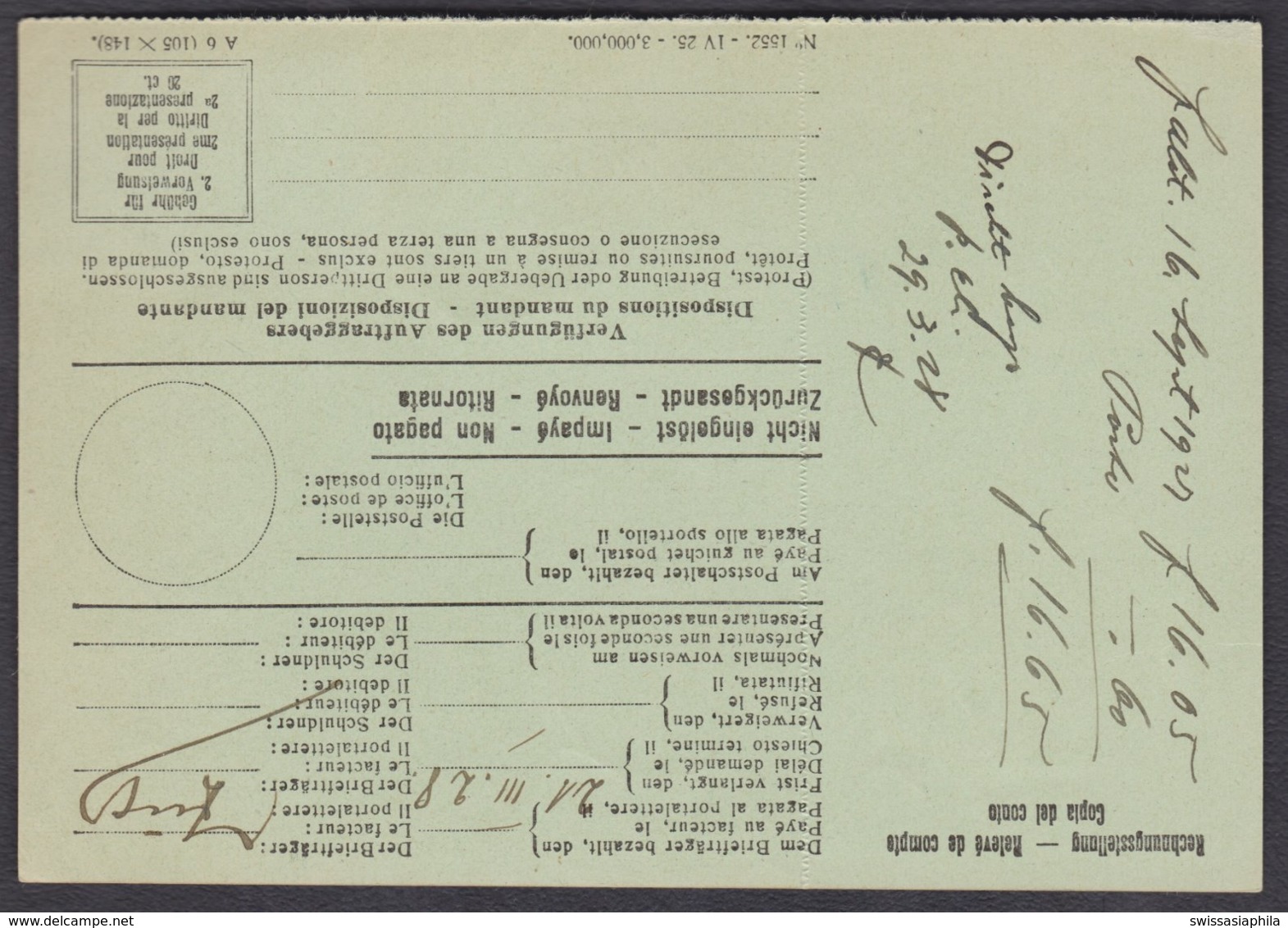 WAEDENSWIL - SCHUEBELBACH / UNGEWOEHNLICHE FRANKATUR AUF EMPFANGSSCHEIN - Lettres & Documents