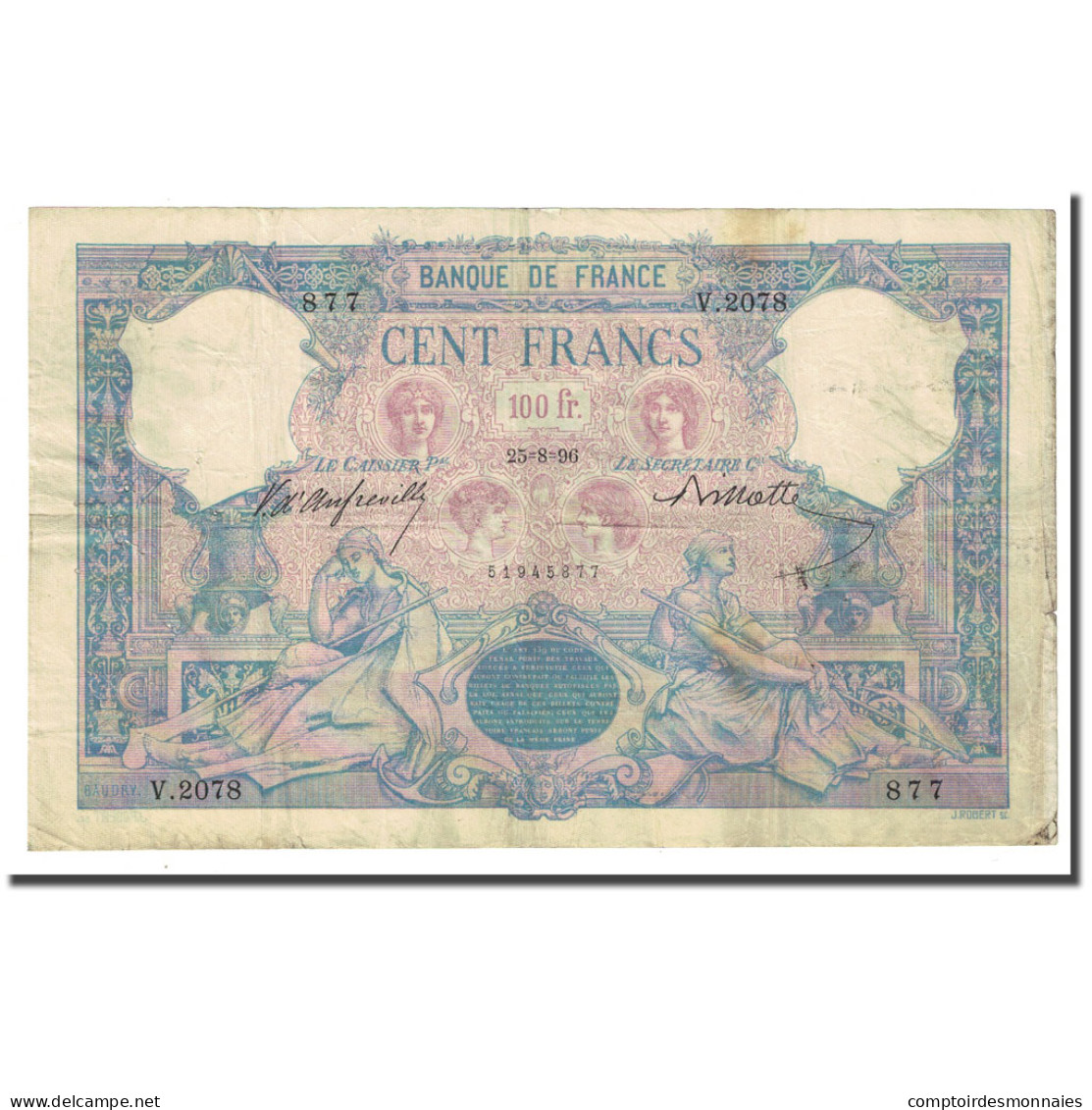 France, 100 Francs, Bleu Et Rose, 1896-08-25, TB, Fayette:21.9, KM:65b - 100 F 1888-1909 ''Bleu Et Rose''