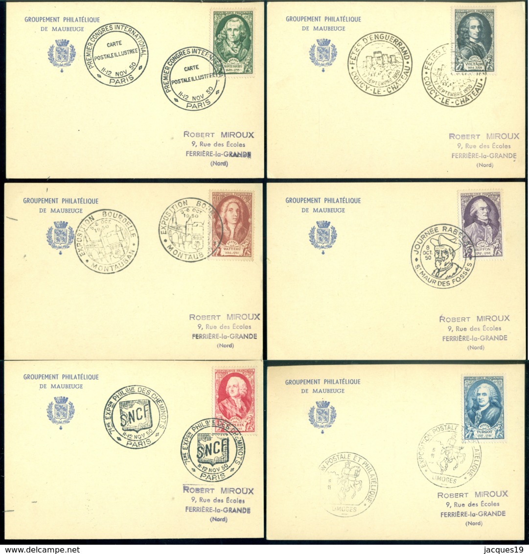 France 1950 Cartes Postales (6) Série Célébrités Du XVIII ème Siècle Mi 871-876 - Cartas & Documentos