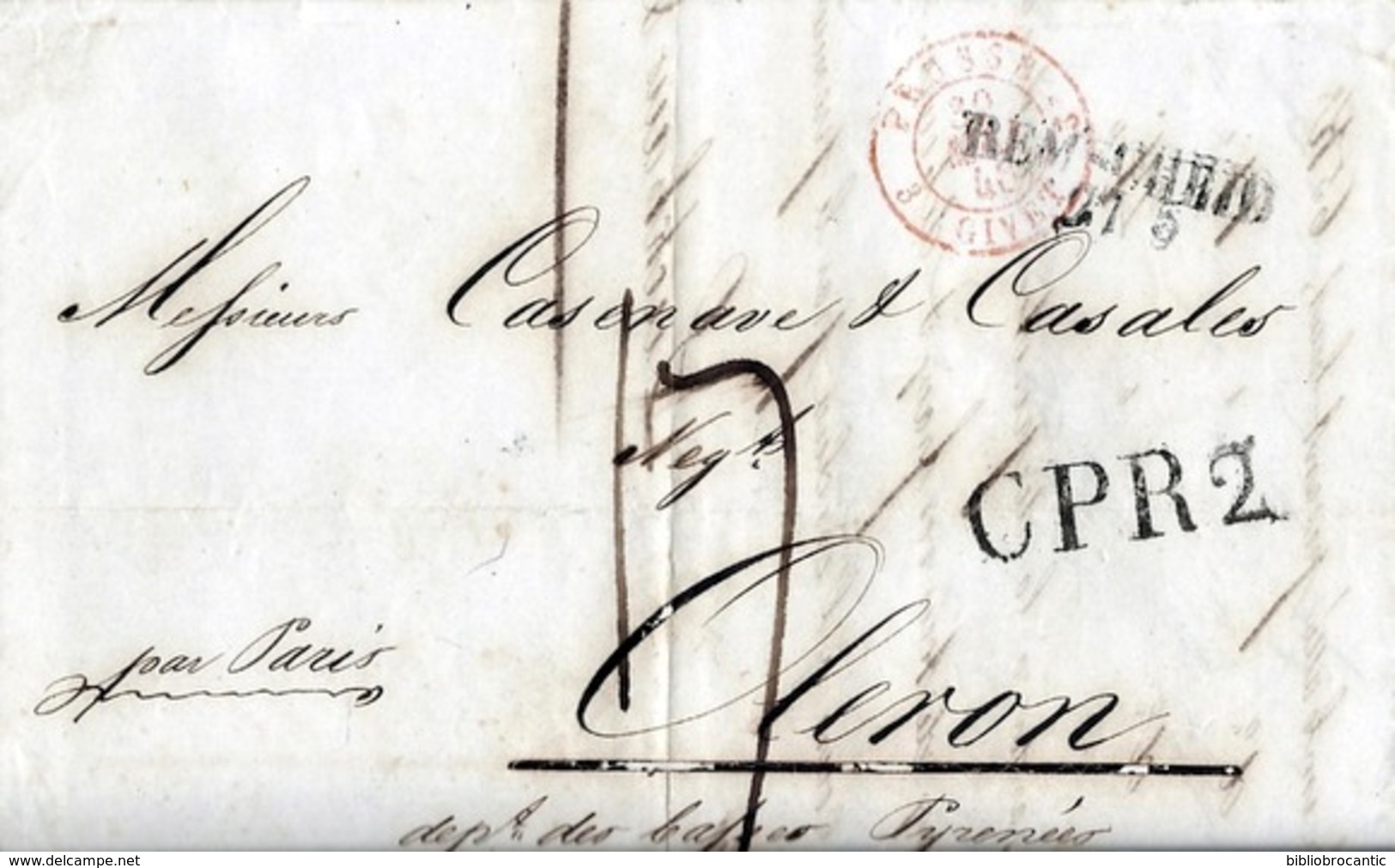 LETTRE ANCIENNE/MARQUE POSTALE PRECURSEUR 1846 < REMSCHEID(Allemagne)-/-GPR2-/- OLORON (Dpt64) - 1801-1848: Vorläufer XIX