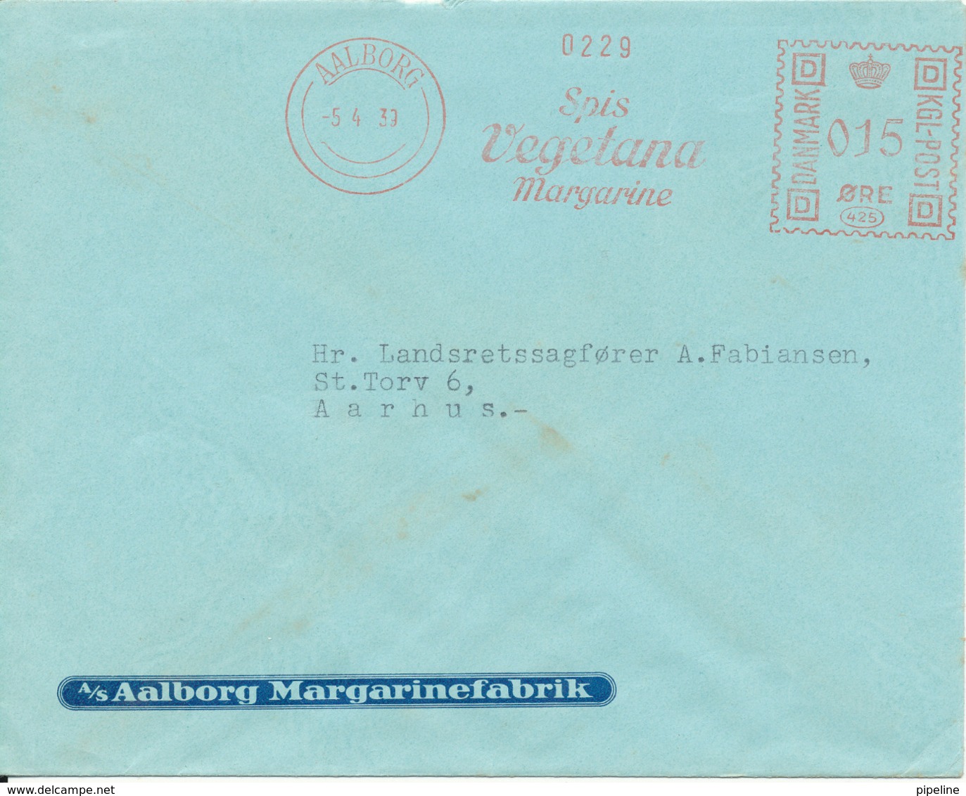 Denmark Cover With Meter Cancel Aalborg 5-4-1939 (Aalborg Margarinefabrik Spis Vegetana Margarine.) - Covers & Documents