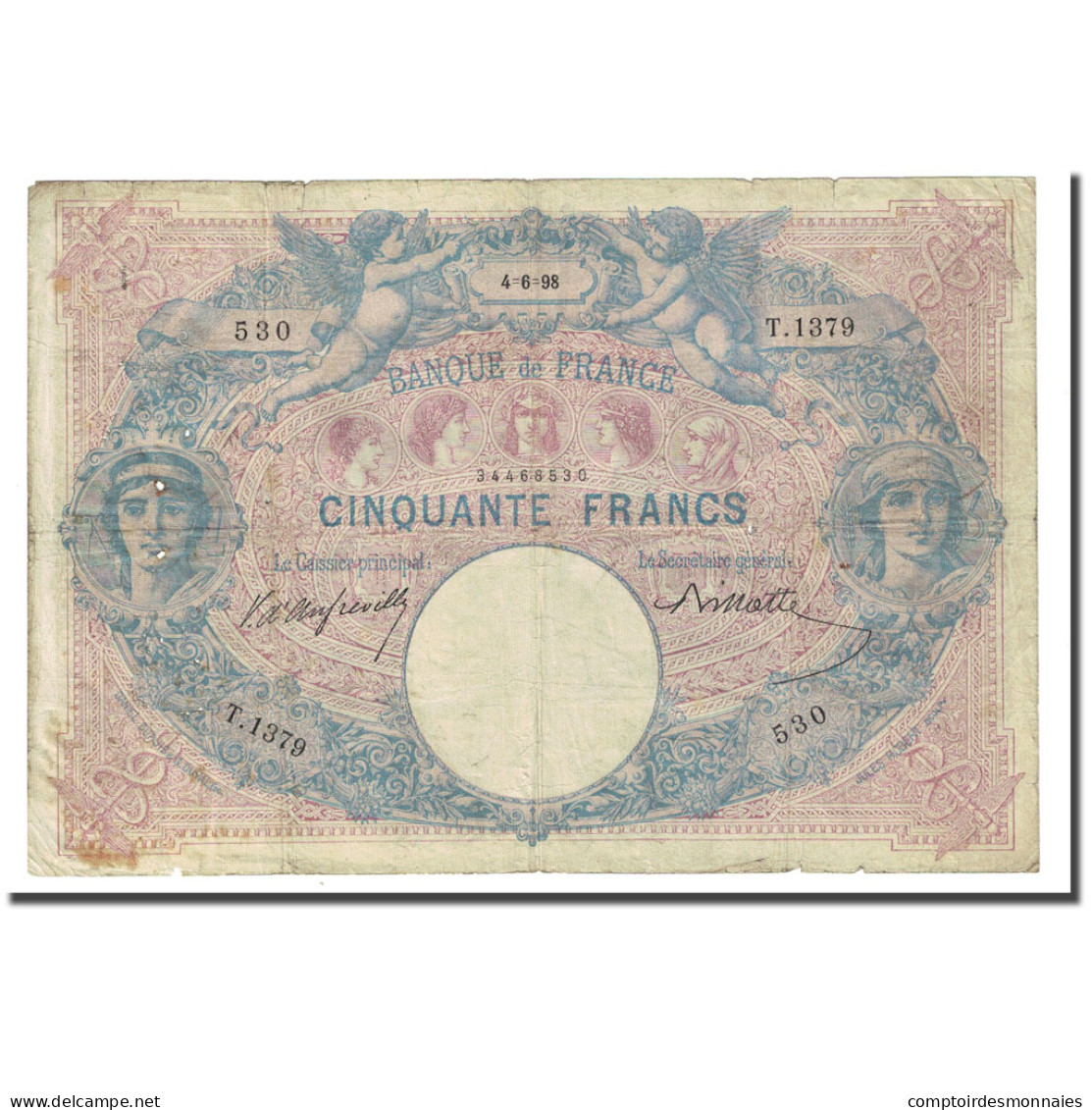 France, 50 Francs, Bleu Et Rose, 1898-06-04, B+, Fayette:14.10, KM:64b - 50 F 1889-1927 ''Bleu Et Rose''