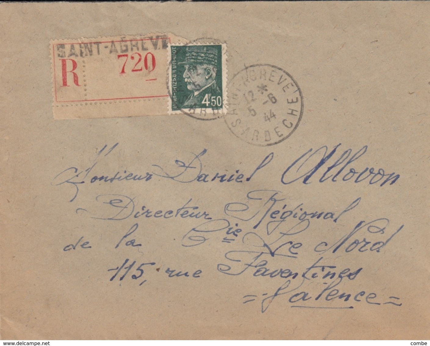 FRANCE. COCER REGISTERED. 5 6 1944. ST AGREVE TO VALENCE. PETAIN 4,50F - Sonstige & Ohne Zuordnung