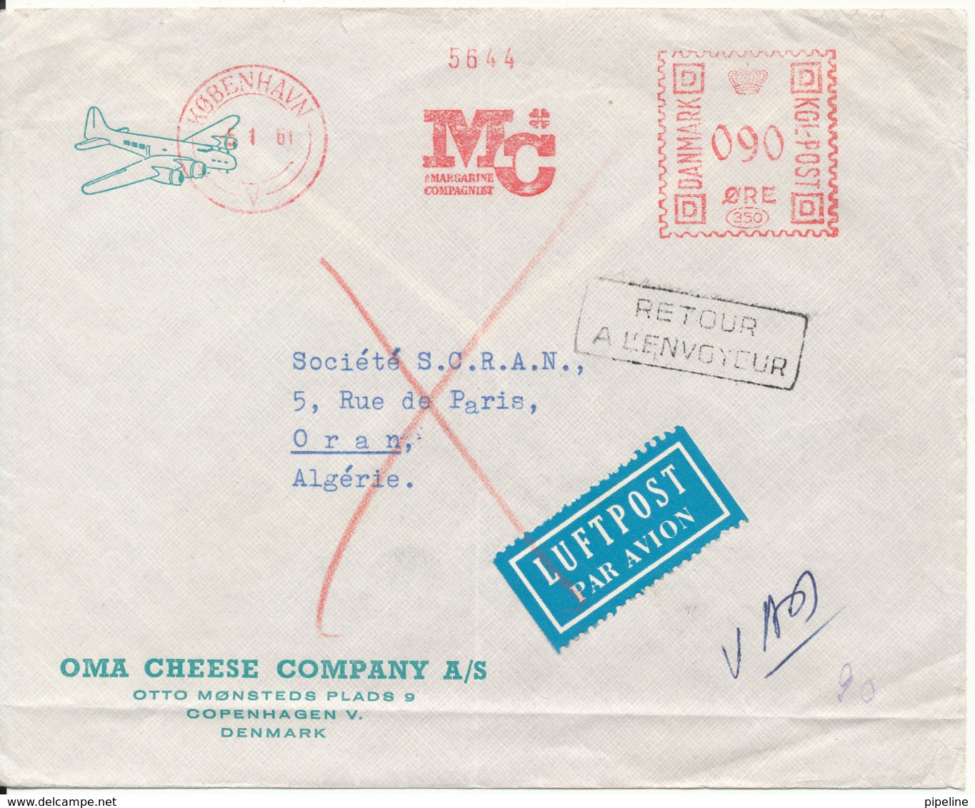 Denmark Cover With Meter Cancel Copenhagen 5-1-1961 Sent To Algeria And Returned (MC Margarine Compagniet) - Storia Postale