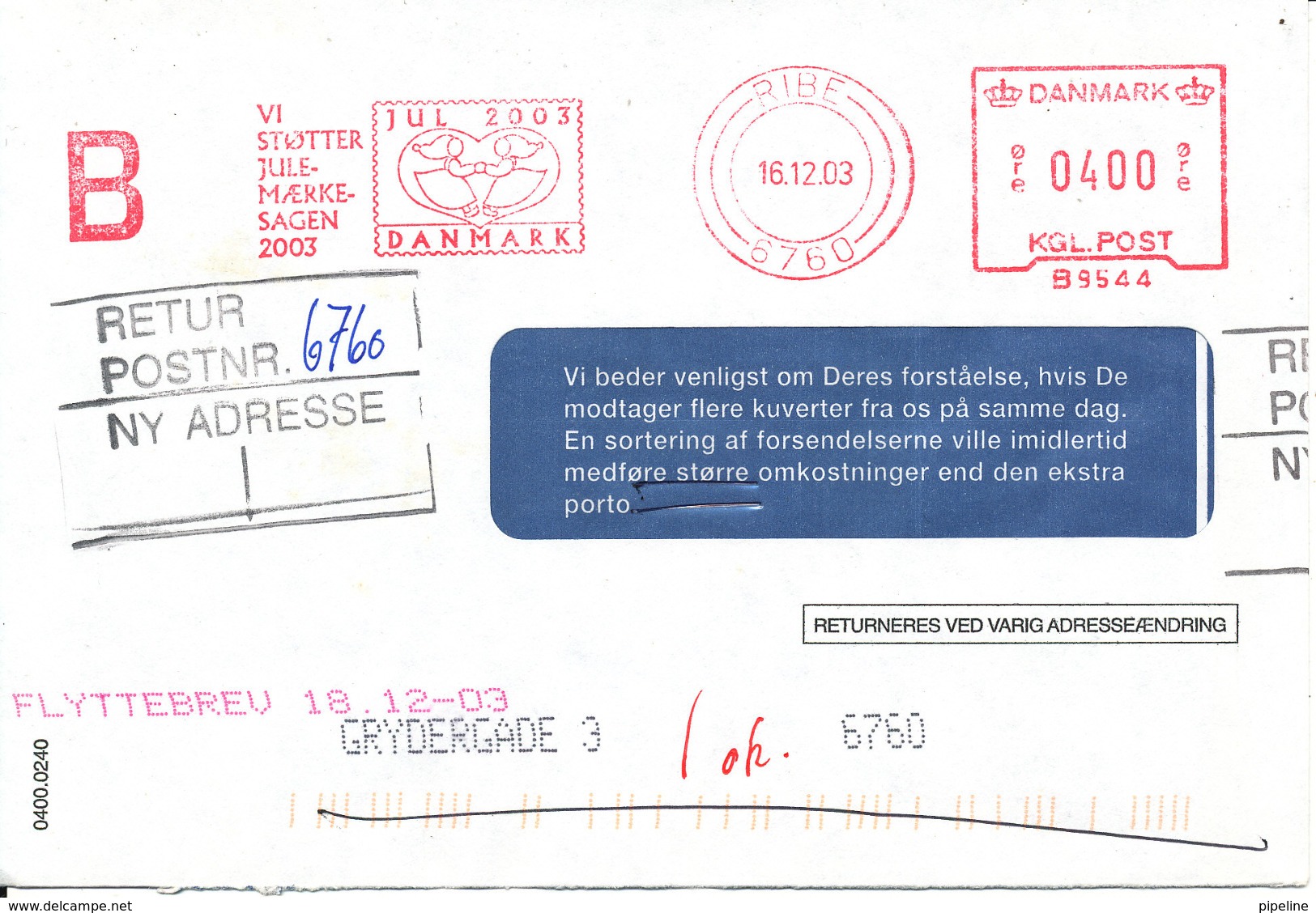 Denmark Cover With Meter Cancel Postage And Christmas Seal Ribe 16-12-2003 - Lettres & Documents
