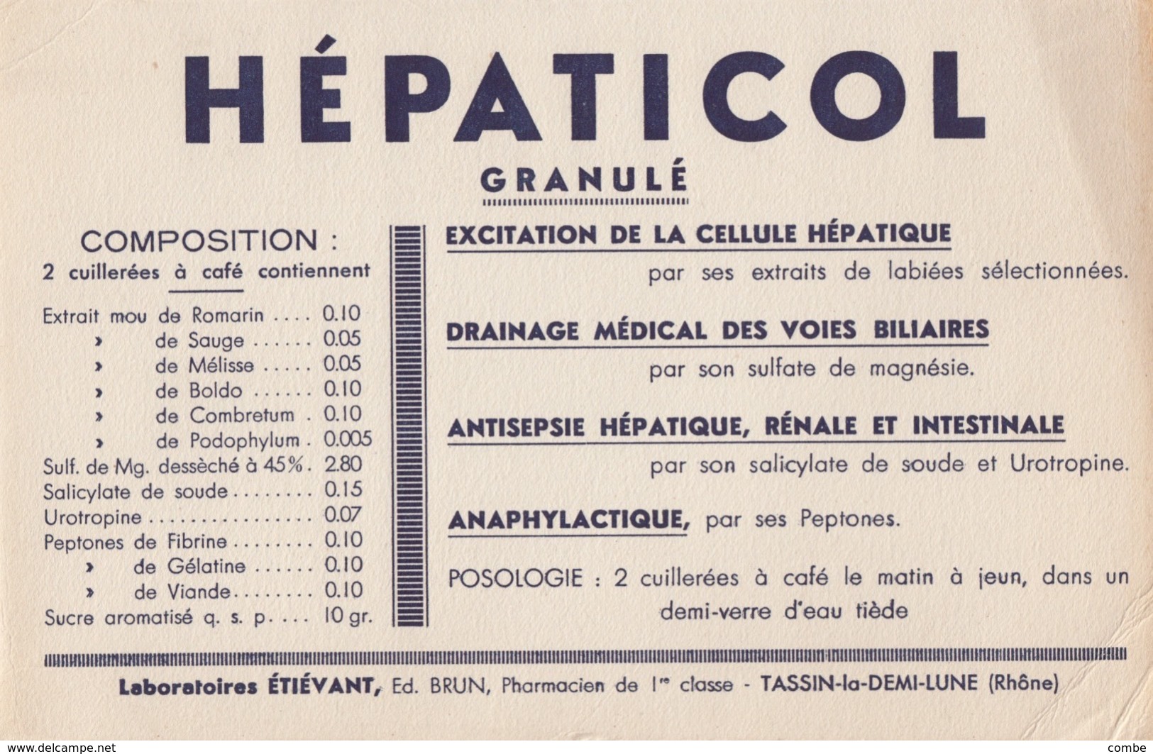 BUVARD PUBLICITÉ. HEPATICOL LABORATOIRE ETIEVANT TASSIN LA DEMI LUNE RHONE  / 6000 - Sonstige & Ohne Zuordnung