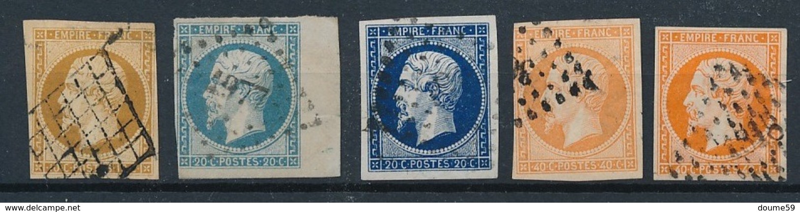 DD-152: FRANCE: Lot "NAPOLEON" Avec N°13A Obl Grille-14Abdf Court à Gauche-14A Bleu Trés Foncé-16(2) - 1853-1860 Napoléon III.