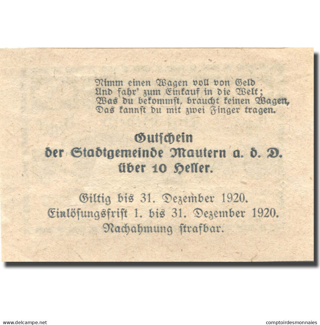 Billet, Autriche, Mautern, 10 Heller, Pont, 1920, 1920-12-31, SPL Mehl:FS 600IAb - Austria