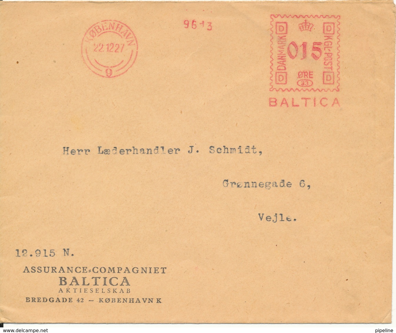 Denmark Cover With Meter Cancel Copenhagen 22-12-1927 (Assurance Compagniet Baltica A/S) - Covers & Documents