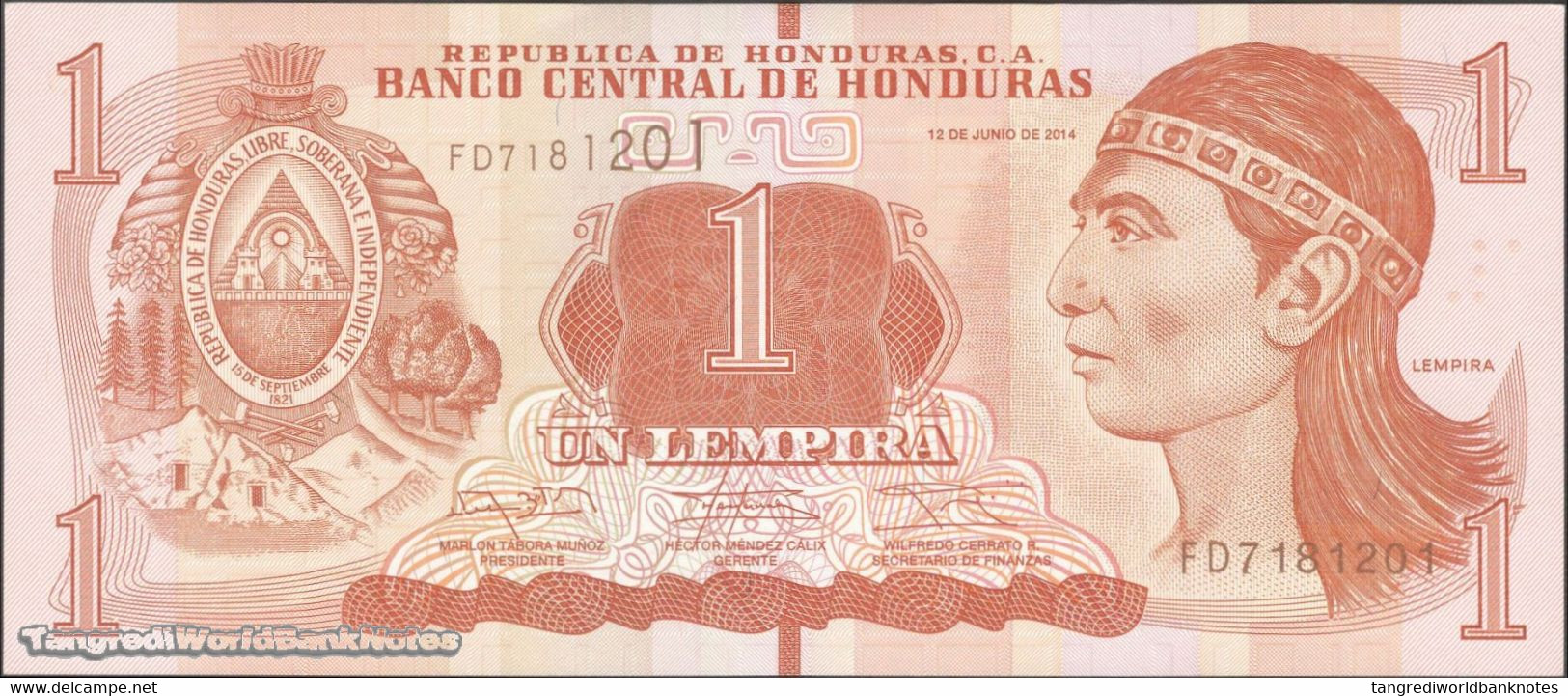 TWN - HONDURAS 96b - 1 Lempira 2.6.2014 (2016) Prefix FD - Printer: OBERTHUR FIDUCIARE UNC - Honduras