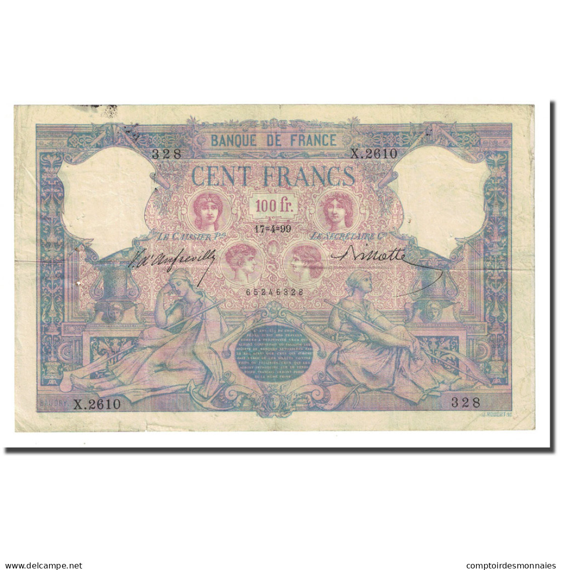 France, 100 Francs, Bleu Et Rose, 1899-04-17, TB+, Fayette:21.12, KM:65b - 100 F 1888-1909 ''Bleu Et Rose''