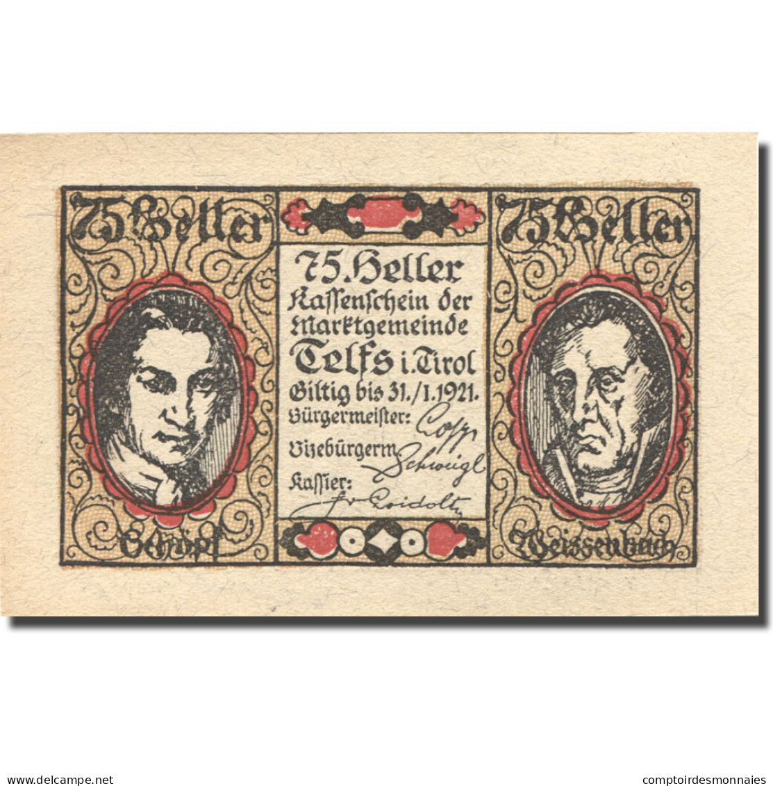 Billet, Autriche, Telfs, 75 Heller, Personnage 1921-01-31, SPL Mehl:FS 1061a - Oostenrijk