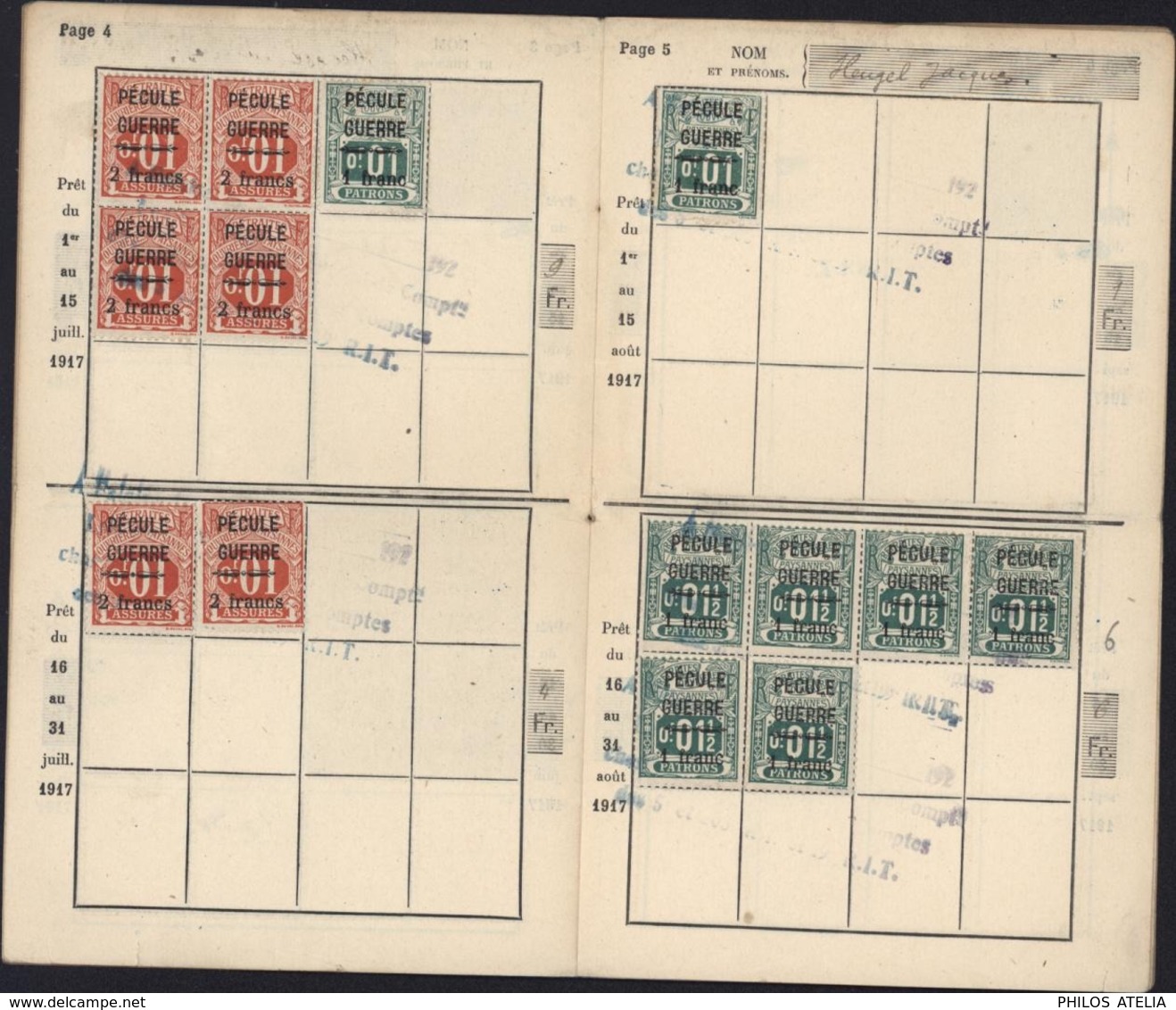 Guerre 14 Carnet Pécule Soldat Musicien 2 Bureaux Timbres Pécule Assurés 2 F S/ 0.01 Rouge (16) + 1F S/ 0.01 Vert (11) - Guerra De 1914-18