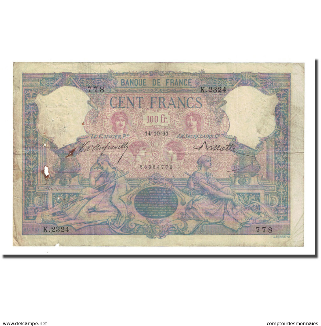 France, 100 Francs, Bleu Et Rose, 1897-10-14, B, Fayette:21.10, KM:65b - 100 F 1888-1909 ''Bleu Et Rose''