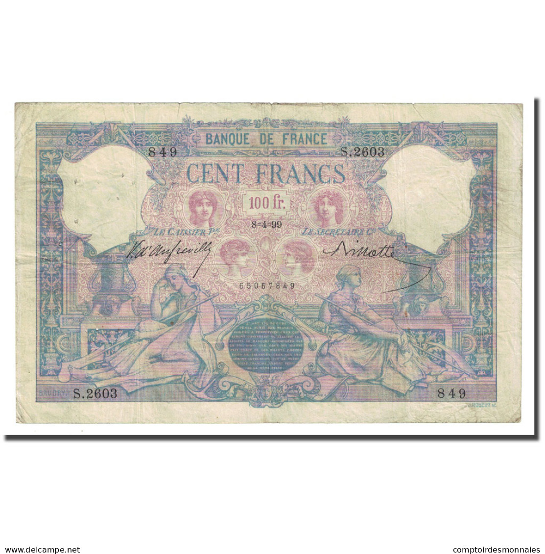 France, 100 Francs, Bleu Et Rose, 1899-04-08, TB+, Fayette:21.12, KM:65b - 100 F 1888-1909 ''Bleu Et Rose''
