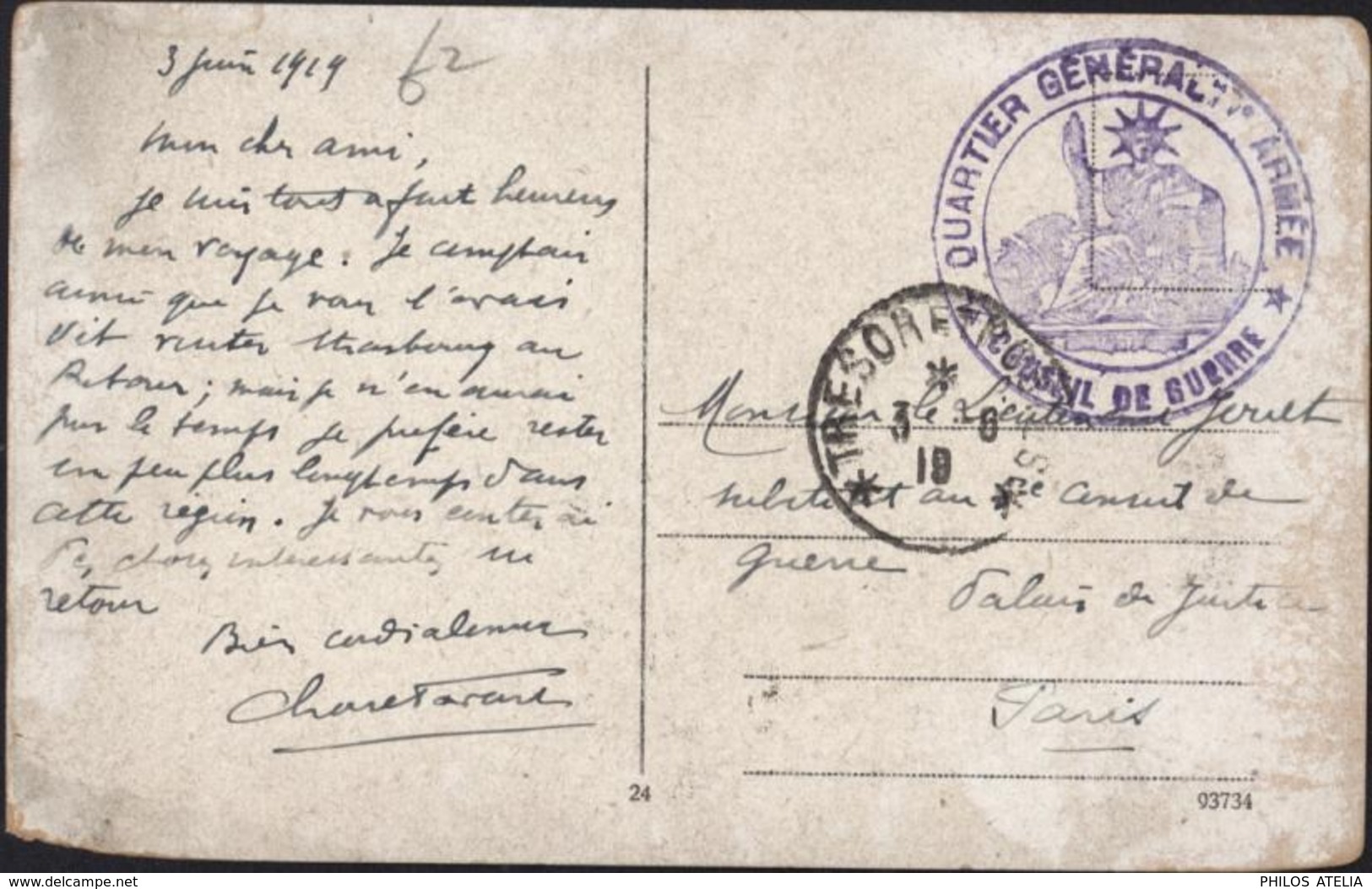 Occupation Allemagne CAD Trésor Postes 3 6 19 Cachet Déesse Assise Conseil De Guerre Quartier Général 7e Armée CPA Mainz - Militaire Stempels Vanaf 1900 (buiten De Oorlog)