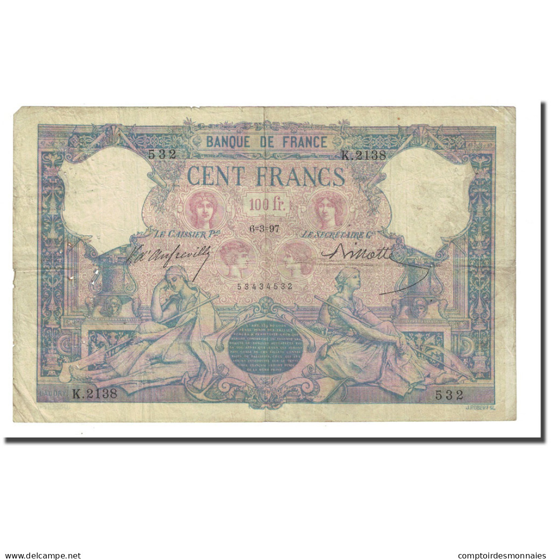 France, 100 Francs, Bleu Et Rose, 1897-03-06, TB, Fayette:21.10, KM:65b - 100 F 1888-1909 ''Bleu Et Rose''