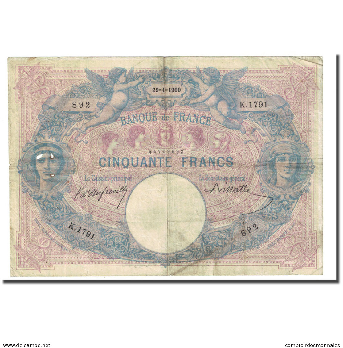 France, 50 Francs, Bleu Et Rose, 1900-01-29, B+, Fayette:14.12, KM:64b - 50 F 1889-1927 ''Bleu Et Rose''