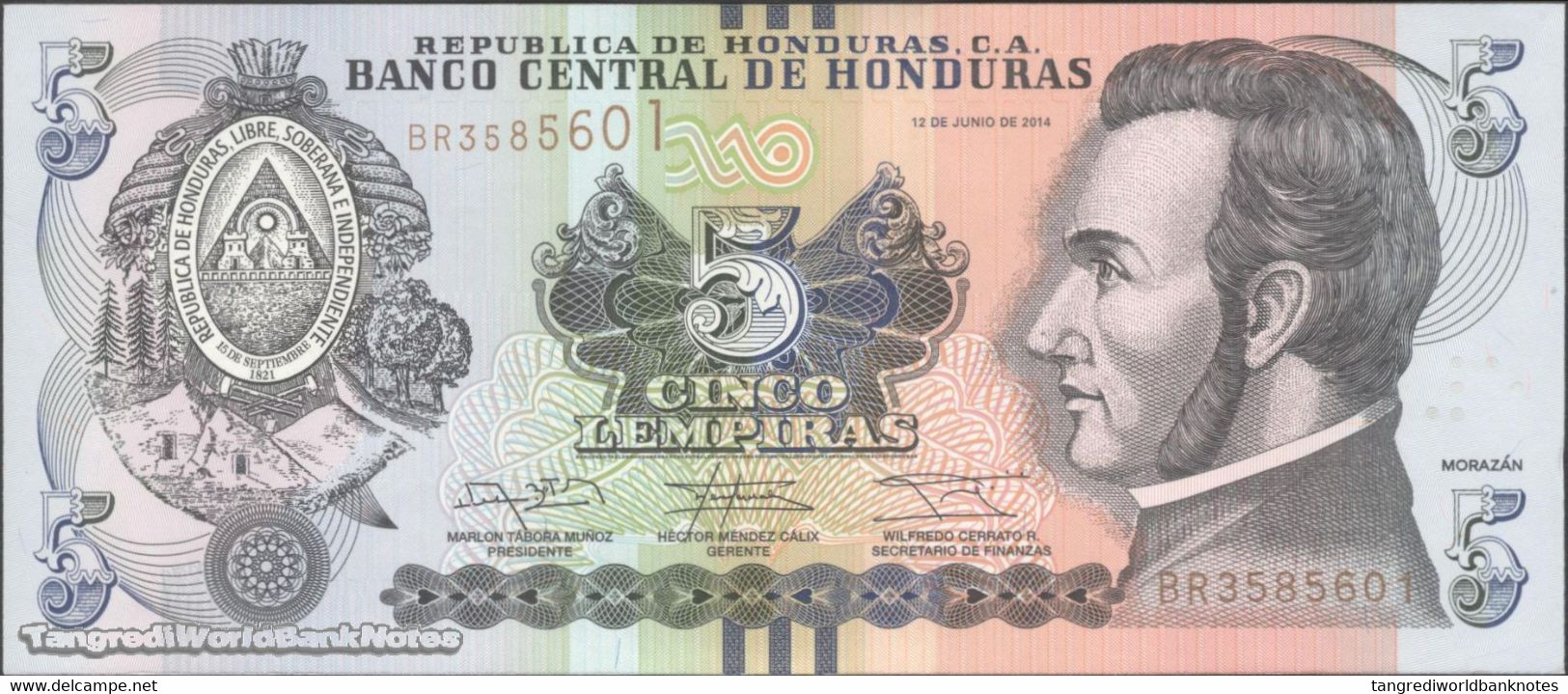 TWN - HONDURAS 98b - 5 Lempiras 2.6.2014 (2017) Prefix BR - Printer: OBERTHUR FIDUCIARE UNC - Honduras